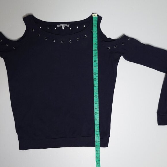 Rebecca Minkoff Cold Shoulder Boatneck Grommets Navy Blue Long Sleeve XS - Picture 3 of 6